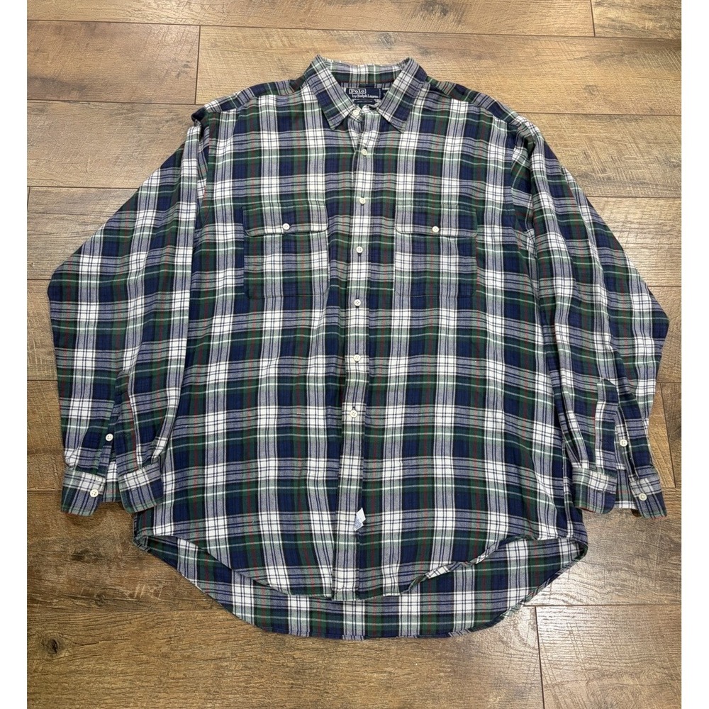 Vintage 90s Polo Ralph Lauren Plaid Flannel Button Up Shirt XL Blue Green